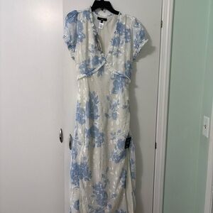 Lulu's Cream Midi Dress with Light Blue Floral Print